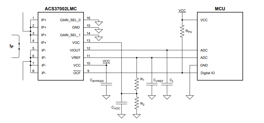 应用电路图 - Allegro MicroSystems ACS37002 400kHz高精度电流传感器IC